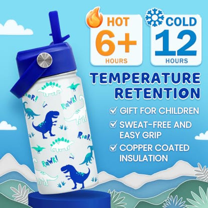 SANDJEST Dinosaur 12 oz Insulated Stainless Steel Water Bottle with Straw Lid - Thermos for Kids & Teens - School, Sports, Travel Cup - color: Dinosaur 1