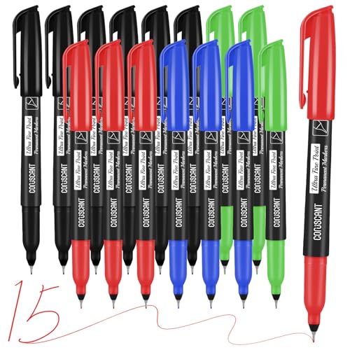 coruscant Ultra Fine Point Permanent Markers, 15 Pack Extra Fine Tip 0.4 mm Marker, Black, Red, Blue, Green, Assorted Colors, Quick-Drying, Waterproof, Fade-Resistant, Ideal for Home, Office, School