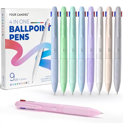 Four Candies 4-in-1 Multicolor Pens, 1.0 mm, 9 Pack | Quick-Dry Ink, Smooth Writing, Comfort Grip, Macaron Colors, School, Office & Nurse Supplies - color: Black, Green, Red, Blue