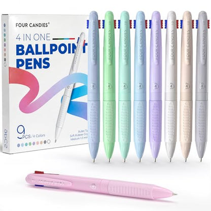 Four Candies 4-in-1 Multicolor Pens, 1.0 mm, 9 Pack | Quick-Dry Ink, Smooth Writing, Comfort Grip, Macaron Colors, School, Office & Nurse Supplies - color: Black, Green, Red, Blue