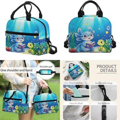 Blue Axolotl 4PCS Backpack Set for Elementary School Kids 6-11 - 17 inch Turtle Print Backpack withwith Insulated Lunch Box, Pencil Case & Water Bottle Holder for Back to School - color: Blue Axolotl