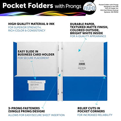 FILE-EZ Two-Pocket Folders with 3-Prong Fasteners, Blue Color, 25-Pack, Durable Textured Paper, Matte Finish, Letter Sheet Size (EZ-92523) - color: Blue