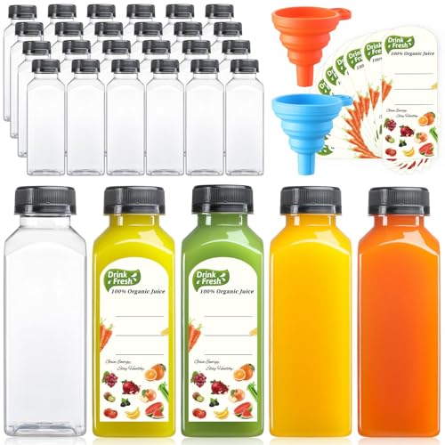 24 PACK, 12 OZ Reusable Thicker Plastic Juice Bottles with Caps, Leakproof | Plus 24 Labels & 2 Funnels, Clear Juicing Bottles for Juice, Smoothies, Ginger, Tea, Coffee -Food Grade & Travel & Freezable - size: 12oz