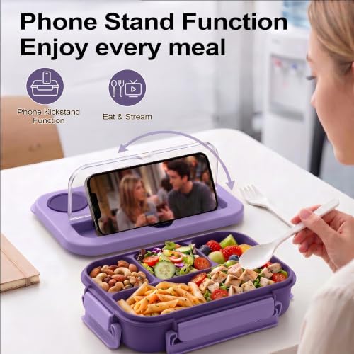 Bento Box Adult Lunch Box, Lunch Containers for Adults 44.5 Oz/5 Cup,Purple | BPA-Free, Lid-Top Sauce Tray, Leak-Proof, 1300mL, Removable Silicone Sealing Ring, Lid-Top Utensil Slot with Included Cutlery - color: Purple