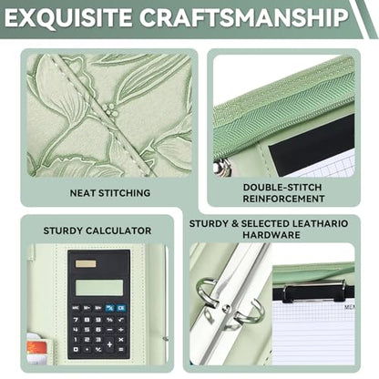 Leathario Portfolio Binder, Includes 5 Sheet Protectors and a Pen, 13 Inch Tablets Organizer, Vegan Leather A4 Padfolio, Multi-Pocket Notepad Business Planner Professional Document - color: Relief Green