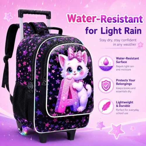 CCJPX 18" Cat Rolling Backpack for Girls, 3Pcs Kids Glow Wheels Bookbag with Lunch Box, Lightweight Roller School Bag for Elementary Preschool (Black) - color: A-star Cat(with Glowing Wheels)