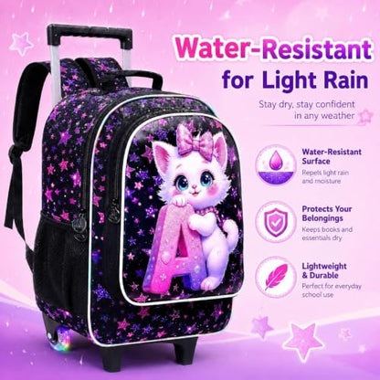 CCJPX 18" Cat Rolling Backpack for Girls, 3Pcs Kids Glow Wheels Bookbag with Lunch Box, Lightweight Roller School Bag for Elementary Preschool (Black) - color: A-star Cat(with Glowing Wheels)