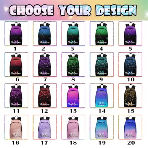 MyPupSocks Custom Backpack for Girls, Personalized Sparkle Glitter Monogram Bag Schoolbag Casual Daypack Customized Girls Lunch Box Bag Travel Laptop Bag Backpack for Kids Teens Travel Picnic - color: Multi 09