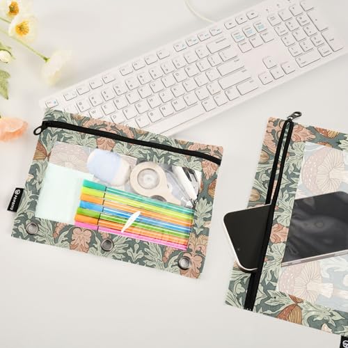 Fustylead Sage Green Mushroom Floral Binder Pencil Pouch for 3 Ring, Pencil Pouches Bags with Zipper Clear Window for School Office Cosmetic Supplies, 2 Pack - color: Mushroom