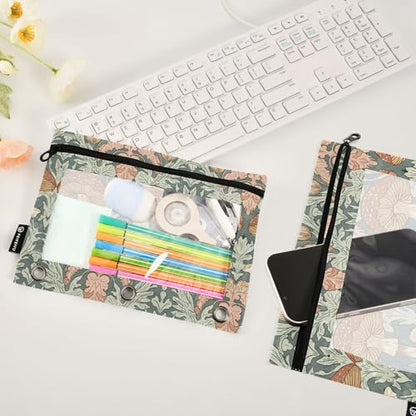 Fustylead Sage Green Mushroom Floral Binder Pencil Pouch for 3 Ring, Pencil Pouches Bags with Zipper Clear Window for School Office Cosmetic Supplies, 2 Pack - color: Mushroom