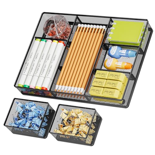 Marbrasse 3 Packs Desk Drawer Organizers, Metal Mesh Dividers Desk Drawer Organizer Tray with 9 Adjustable Compartments, Pen Organizer for Drawer Tray Box Accessories for Desktop,Kitchen, Makeup - color: Black Drawer Organizer