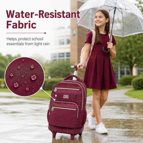 3Pcs Rolling Backpack for Girls Women, 19 Inche Adults Roller Backpacks with Wheels, School Wheeled Bookbag with Lunch Box(Wind Red) - color: Wine Red