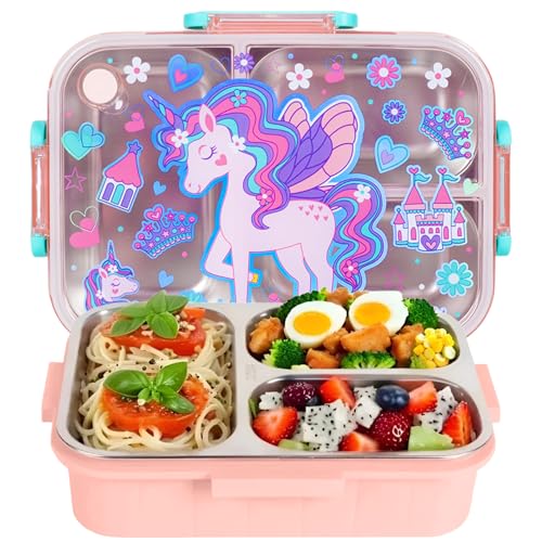 Stainless Steel Bento Lunch Box for Kids, 800ml/27oz BPA-Free Leak-Proof Food Containers with 3 Compartments, Freezer & Dishwasher Safe, Back to School Students Lunches Size for Ages 3-7 - color: B07. Unicorn