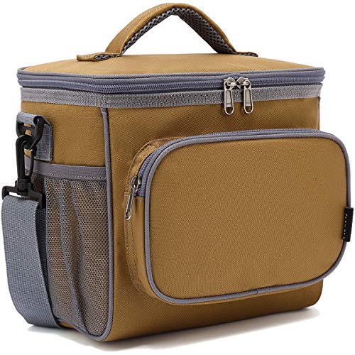 FlowFly Insulated Reusable Lunch Bag Adult Large Lunch Box for Women and Men with Adjustable Shoulder Strap,Front Zipper Pocket and Dual Large Mesh Side Pockets,Brown - color: Brown