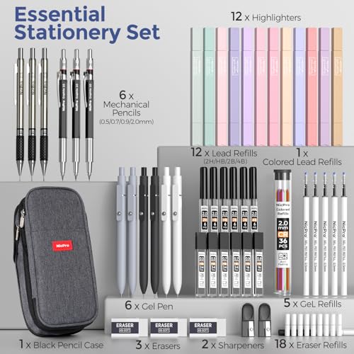 Nicpro School Supplies Stationary Set with Pencil Case, 50 PCS Black | Back to Schoo Supplies, Pen Case with 12 Highlighter, 5 Gel Pen, 6 Mechanical Pencil, Essentials for College, Nursing Student - color: Black, size: 50 PCS