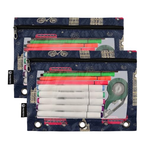 Pencil Pouch for 3 Ring Binder London City Theme Binder Pencil Case with Smooth Zipper Clear Window Pencil Case 2 Pack for Office School College Supplies - color: London City Theme