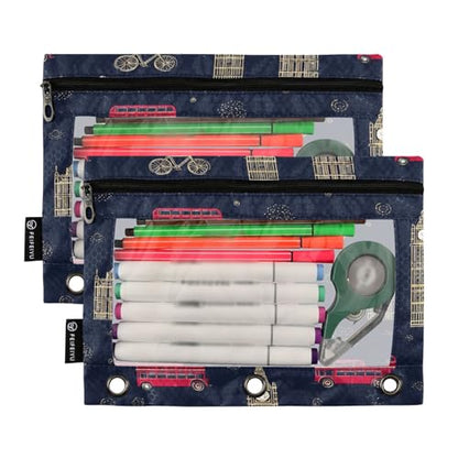 Pencil Pouch for 3 Ring Binder London City Theme Binder Pencil Case with Smooth Zipper Clear Window Pencil Case 2 Pack for Office School College Supplies - color: London City Theme