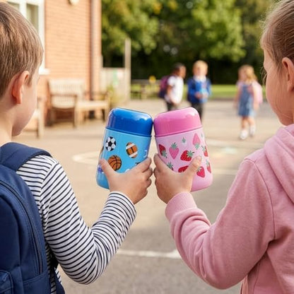 Wildkin Kids 10 oz Insulated Food Jar, Game On | Wide-mouth 10 oz jar keeps food hot up to 5 hrs and cold up to 7 hrs · includes two folding spoons · stainless steel interior - color: Game On