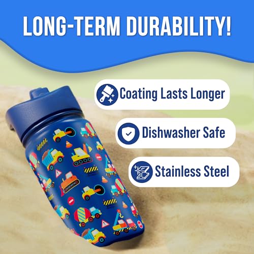 Klevly Stainless Steel 14 OZ Kids Water Bottle with Straw | BPA-Free Insulated Water Bottle with Leak-Proof Lid | Construction Design Bottle for School - color: Construction