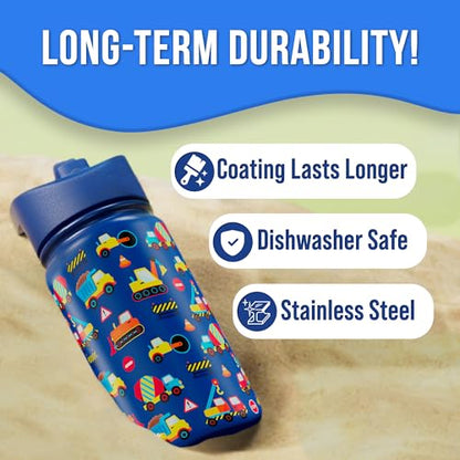 Klevly Stainless Steel 14 OZ Kids Water Bottle with Straw | BPA-Free Insulated Water Bottle with Leak-Proof Lid | Construction Design Bottle for School - color: Construction