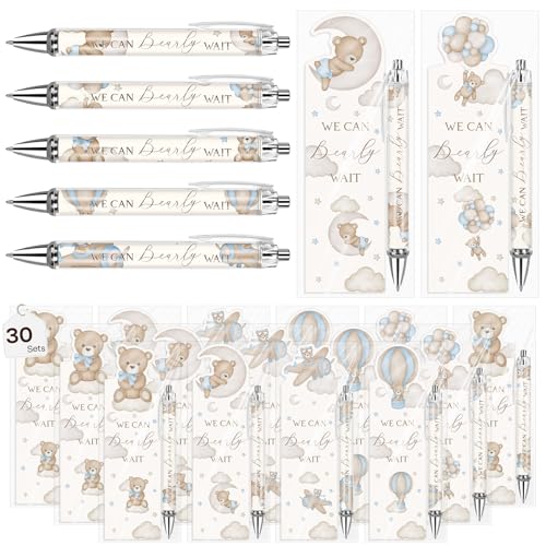 30 Sets Baby Shower Gifts Pens in Bulk for Guests Blue Bear Party Favors Retractable Ballpoint Pen with Bookmarks Black Ink Gender Reveal Souvenirs Prizes Gifts Supplies - style: Blue Bear