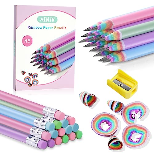Ainiv 32PCS Eco-friendly Rainbow Wood & Plastic Free Recycled Paper Pencils #2 HB with Sharpener, Macaron Colored Pencils for School & Office - color: Rainbow, style: 32 COUNT