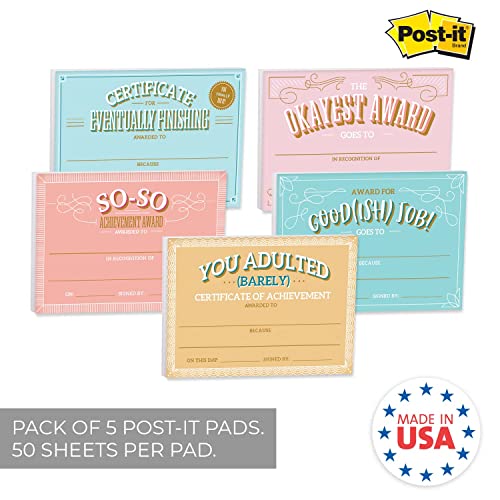 Snarky Achievement Certificate Fill in Sticky Note Pads / 6" x 4" Repositionable Office Humor Award Sticky Pads / 50 Sheets Per Pad/Set of 5 Designs/Made in USA - color: Snarky
