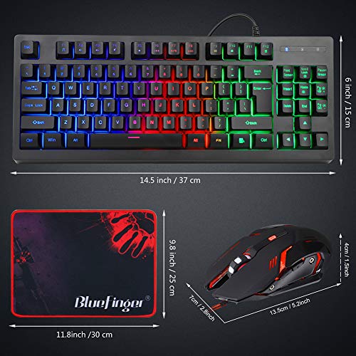 RGB 87 Keys Gaming Keyboard and Backlit Mouse Combo,BlueFinger USB Wired Rainbow Keyboard,Gaming Keyboard Set for Laptop PC Computer Game and Work - color: Black 01