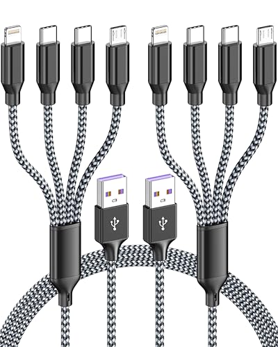 4ft 2 Pack 4 in 1 Multi Charging Cable, IP/Type C Port for iPhone/Android | Dual Type-C Universal Car Charger Cable, Nylon Braided Lightning Charging Cord, Micro USB Phone Charger Cord for Travel-Black - color: Black Grey-4ft