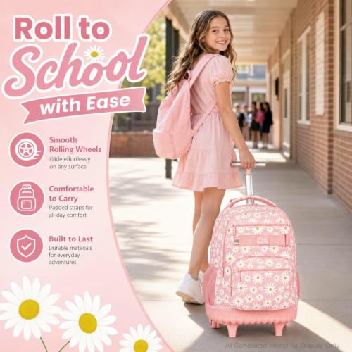 gxtvo Girls Rolling Backpack, Women Roller Bookbag with Lunch Box for Adults, Water Resistant Wheeled School Bag for College Teens Kids Travel - Pink Flower