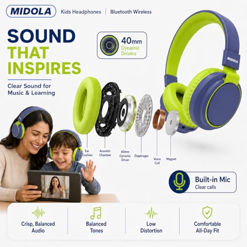 MIDOLA Kids Bluetooth Headphones 68H Play Time,Volume Limit 85/94dB, Foldable Lightweight Wireless Over-Ear Headphone for Toddler Kid Child Pad,Headsets with Aux Built-in Mic Deepblue - color: DeepBlueSky