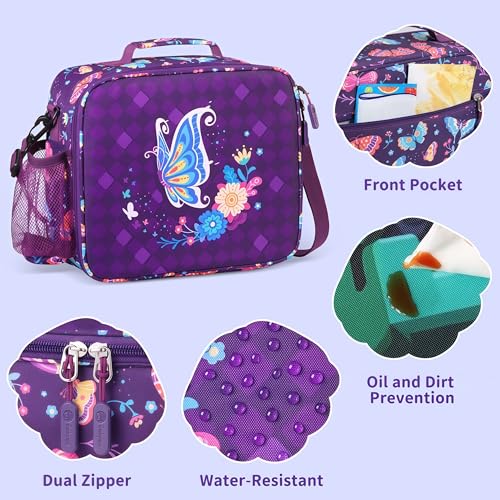 rockpapa Kids Lunch Box Set with 14oz Insulated Water Bottle & Lunch Bag, Leakproof 5.5 Cups Bento Box for School & Children, BPA-Free, Microwave Safe for Boys Girls (Purple Butterfly) - color: Purple Butterfly
