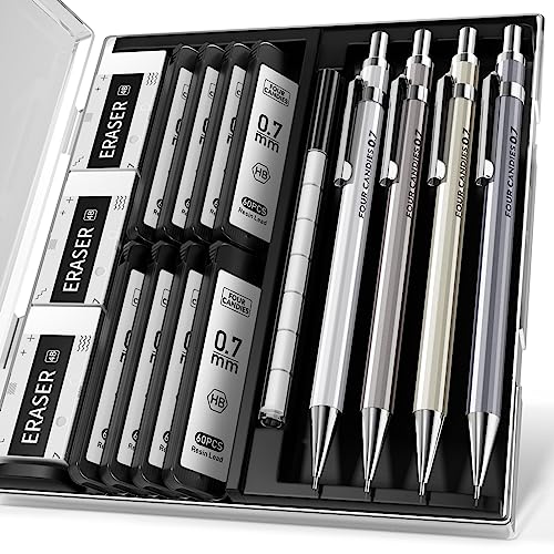 4PCS Metal Mechanical Pencil Set, 0.7mm Medium Point Pack with Storage Case | 480 Leads, 3 Erasers+9 Refills, For School Writing, Sketching, Art Drawing & Professional Drafting - style: 0.7MM