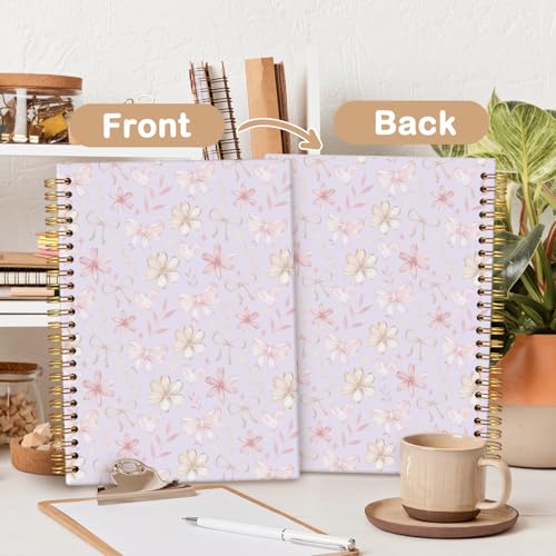 MOFUYU Cute Preppy Purple Bow Notebook Journals Diary | Preppy Cute Purple School Supplies for Teen Girls Women,Floral Hardcover Spiral Notebook A5 - color: Purple(pink)