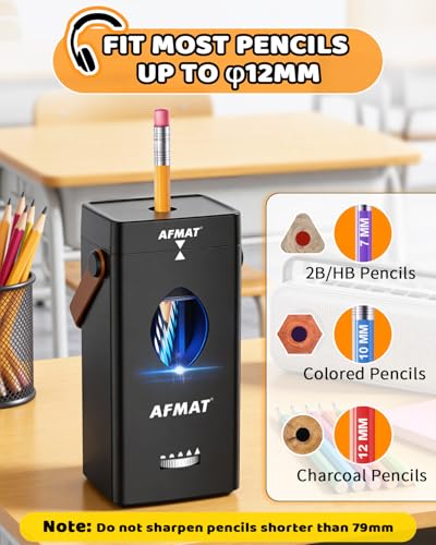 AFMAT Electric Pencil Sharpener, Fully Automatic Pencil Sharpener for 6-12mm No.2/Jumbo Pencils, Auto in & Out, 5 Sharpness Modes, Rechargeable Heavy Duty Sharpeners for Classroom/Home/Office PSC7 - color: Black