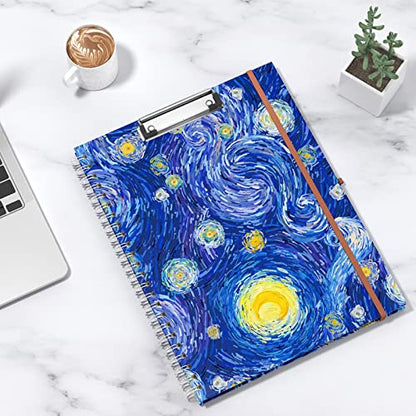 Rimilak Spiral Clipboard Folio with Refillable Lined Notepad, 14.5 x 9.8 In, Hardcover Cover with 5 Interior Pockets, Elastic Band and Pen Loop Series. Cute Stylish Clipfolio, Starry Sky - color: Van Gogh Starry Sky