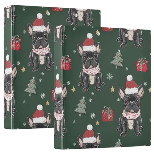 Fustylead Xmas Cute Bulldog Puppy and Tree 3 Ring Binder, D-Rings 1.5" Hardcover Folder, Fits 200 Sheets of A4 Paper, Durable Clipboard & Clean View with Inside Pockets for School Home Office - size: 12.4x10.63x2.36 Inch-2 Pack