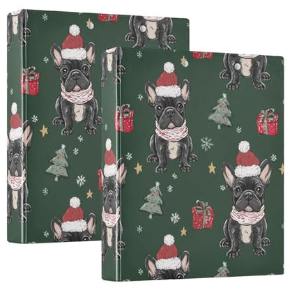 Fustylead Xmas Cute Bulldog Puppy and Tree 3 Ring Binder, D-Rings 1.5" Hardcover Folder, Fits 200 Sheets of A4 Paper, Durable Clipboard & Clean View with Inside Pockets for School Home Office - size: 12.4x10.63x2.36 Inch-2 Pack