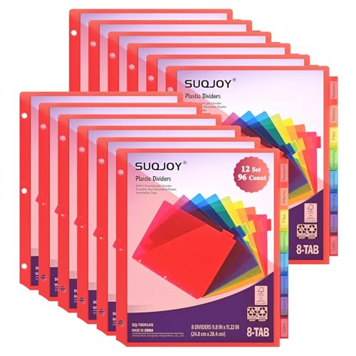 SUQJOY Binder Index Dividers with Tabs, 96 Count 3 Ring Binder Dividers with Pockets, 8 Tab Dividers for 3 Ring Binder, Plastic Sheet Protectors for US Letter Size, 8 Color Tab Dividers,12 Packs - size: 12 Pack