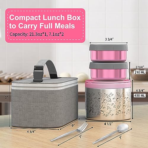 Lille Home Stainless Steel Thermal Lunch Box Set with Lunch Bag and Cultery | 22 Oz Vacuum Insulated Lunch Bento Box, to Keep Food Warm/Cool, 2 Small Food Container for Snack, Fruits and Sauces (Pink) - color: Pink