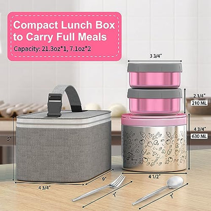 Lille Home Stainless Steel Thermal Lunch Box Set with Lunch Bag and Cultery | 22 Oz Vacuum Insulated Lunch Bento Box, to Keep Food Warm/Cool, 2 Small Food Container for Snack, Fruits and Sauces (Pink) - color: Pink