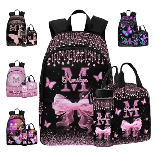 MyPupSocks Personalized School Backpack for Girls, Custom Glitter Butterfly Girls Backpack with Lunchbox for Kids, Customized Kids Bookbag Knapsack Schoolbag Casual Daypacks for Teens Children - color: Multi 02
