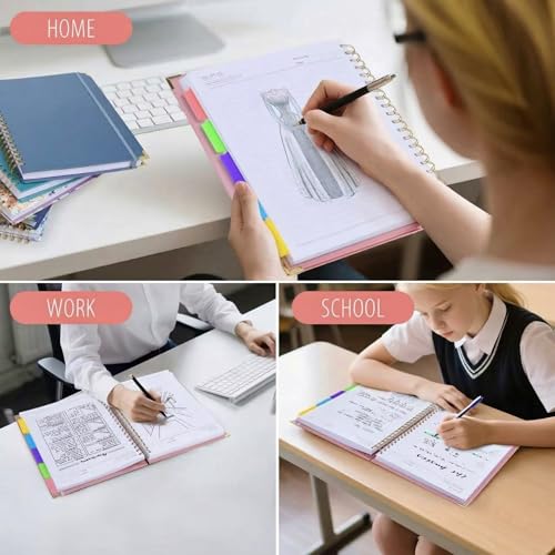 Hardcover Leather Spiral Notebook 8.5" x 11" with Removable Dividers, 300 Pages 5 Subject College Ruled Notebook for Work with Tabs, A4 Spiral Journal for Women Men, School Students Note Taking, Pink - color: 5 Subject Pink