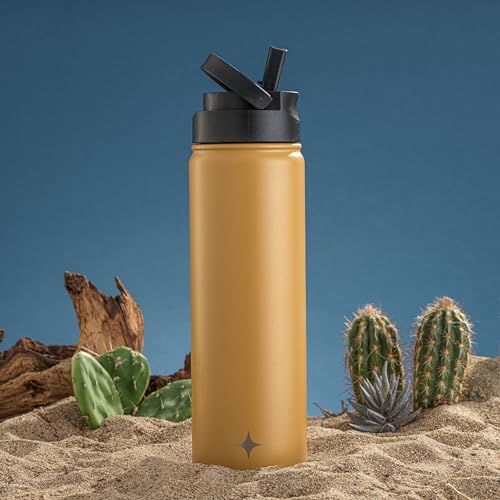JoyJolt Triple Insulated Water Bottle with Straw Lid AND Flip Lid! 22oz Water Bottle, 12 Hour Hot/Cold Vacuum Insulated Stainless Steel Water Bottle. BPA-Free Leakproof Water Bottles - Thermos Bottle - color: Goldenrod, size: 22 Ounces