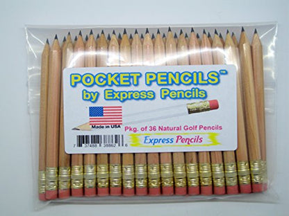 Express Pencils Natural Golf Pencils with Eraser - Half, Pew, Short, Mini, Small, Non Toxic - Hexagon, Sharpened, #2 Pencil, Color - Natural, Pkg of 36 Pocket Pencils