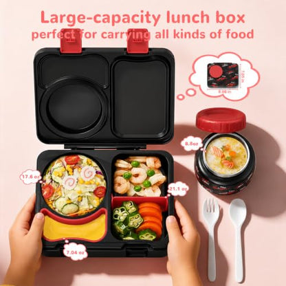 Kids Lunch Box with Thermo, Leakproof Bento Box for Kids with 8OZ Insulated Food Jar, Ice Pack, Sauce Cup, Utensils, Removable Tray & Dividers for School Daycare Travel (Racing cars) - color: Racing cars