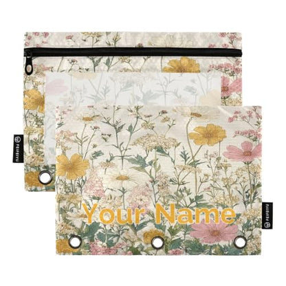 Custom Name Pink Beige Flowers Pencil Pouch for 3 Ring Binder Zipper Personalized Name Pencil Case for School Office 2 Packs - color: Custom Pink Beige Flowers