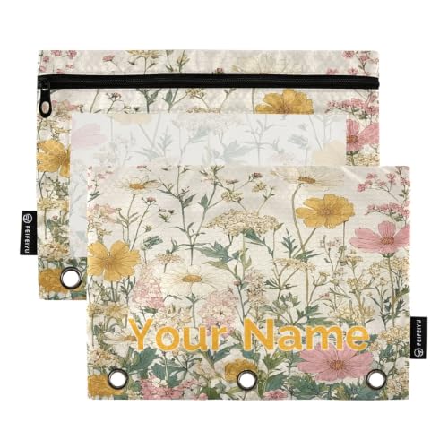 Custom Name Pink Beige Flowers Pencil Pouch for 3 Ring Binder Zipper Personalized Name Pencil Case for School Office 2 Packs - color: Custom Pink Beige Flowers