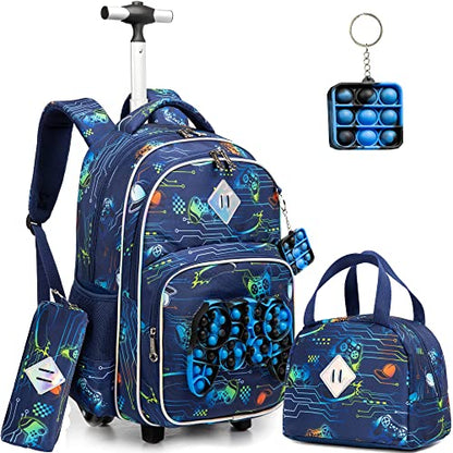 Meetbelify Rolling Backpack for Boys with Wheels Kids Travel Suitcase Laptop Luggage with Lunch Box Set for Boys Age 6-8 - color: 02 Game