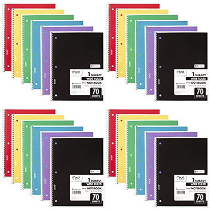 Mead Spiral Notebook, 24 Pack, 1 Subject, Wide Ruled Paper, 7-1/2" x 10-1/2", 70 Sheets per Notebook, Colors Will Vary (930203-ECM25) - size: Pack of 24